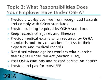 Slide 17: Provide a workplace free from recognized hazards and comply with OSHA standards