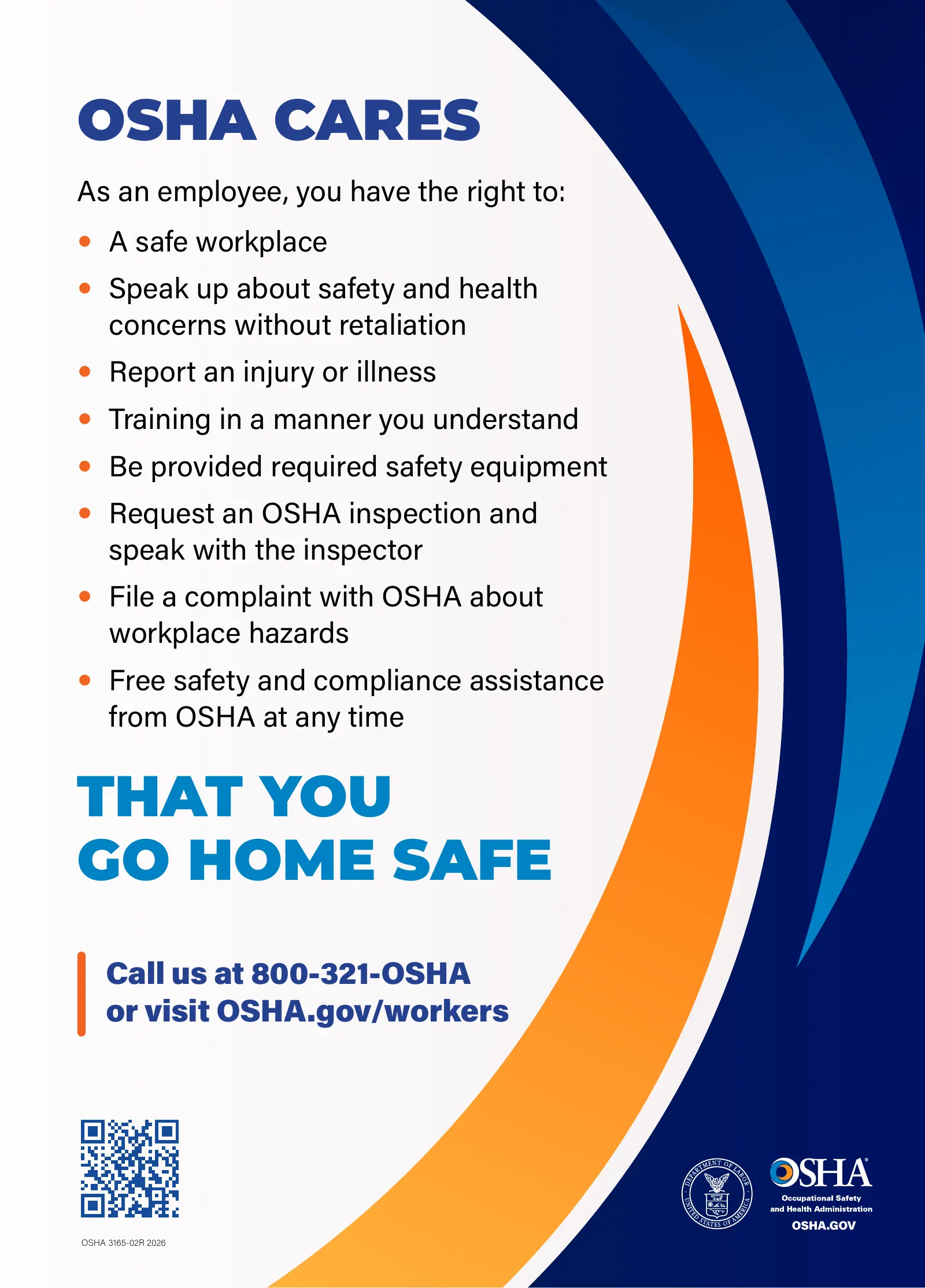 Job Safety and Health: It's the Law Poster (OSHA 3165), page 1: OSHA CARES