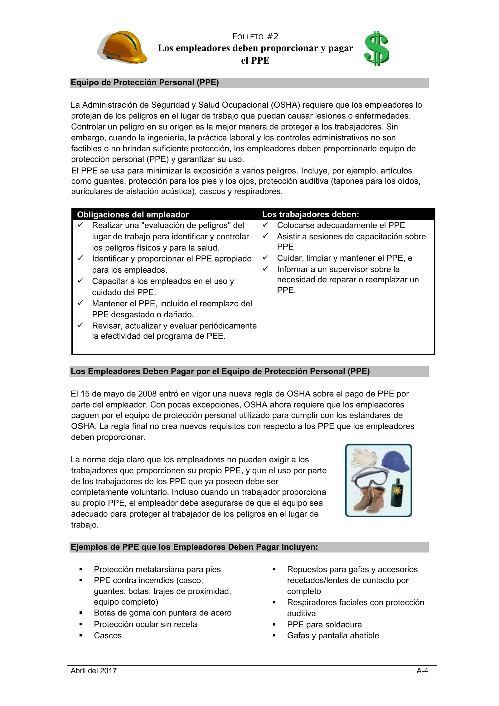 Hoja: Los empleadores deben proporcionar y pagar el EPP, page 1: Los empleadores deben proporcionar y pagar el PPE