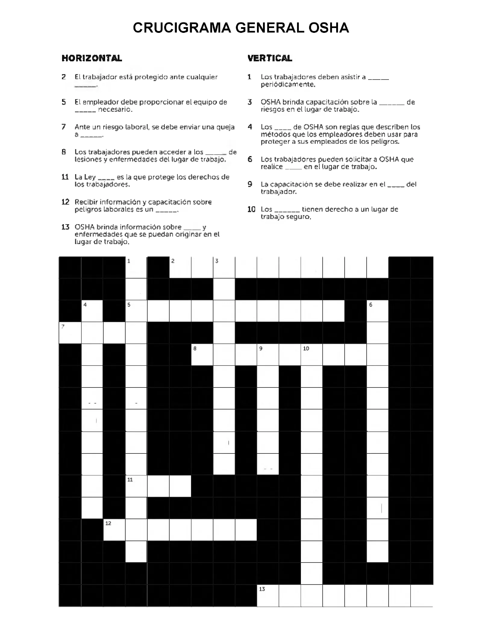 Crucigrama: Derechos de los trabajadores, page 1: CRUCIGRAMA GENERAL OSHA