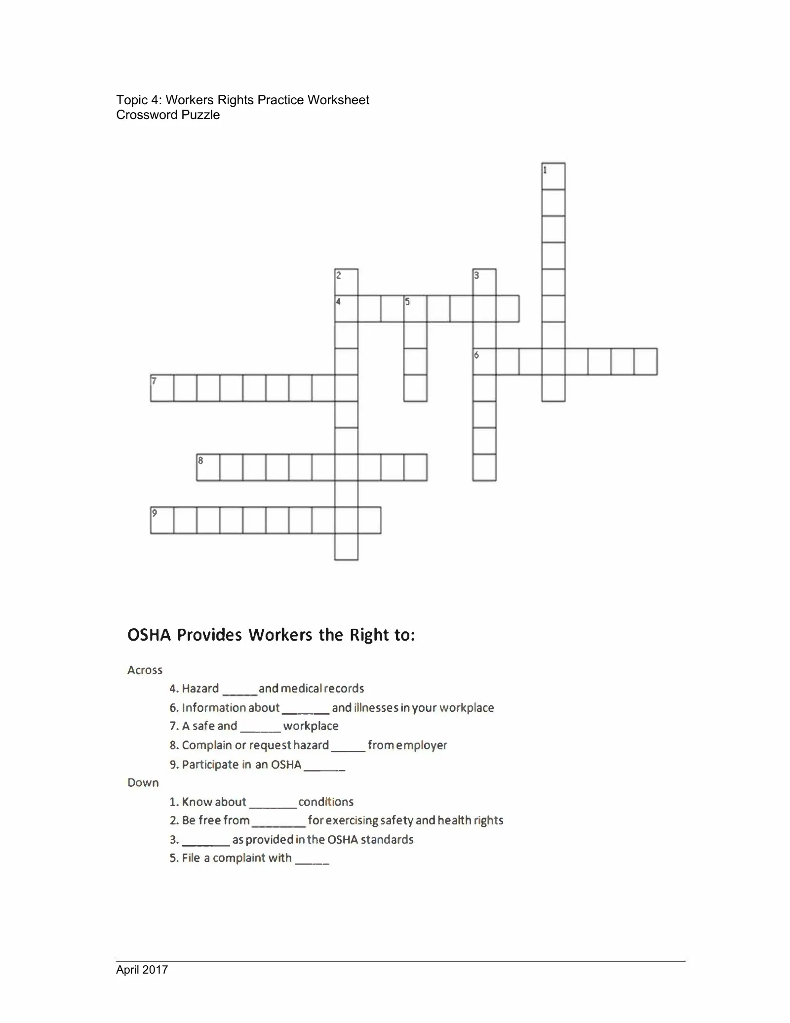 Workers' Rights Crossword Puzzle, page 1: Topic 4: Workers Rights Practice Worksheet