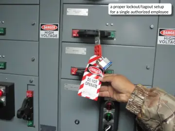 Slide 9: a proper lockout/tagout setup for a single authorized employee