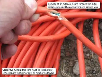 Slide 13: damage of an extension cord through the outer jacket, exposing the conductors and ground…