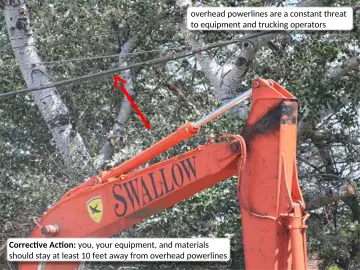 Slide 18: overhead powerlines are a constant threat to equipment and trucking operators