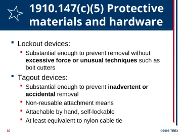 Slide 30: 1910.147(c)(5) Protective materials and hardware