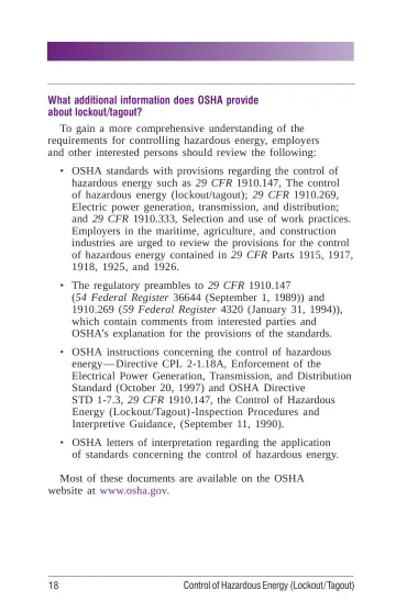 Page 24: What additional information does OSHA provide about lockout/tagout?