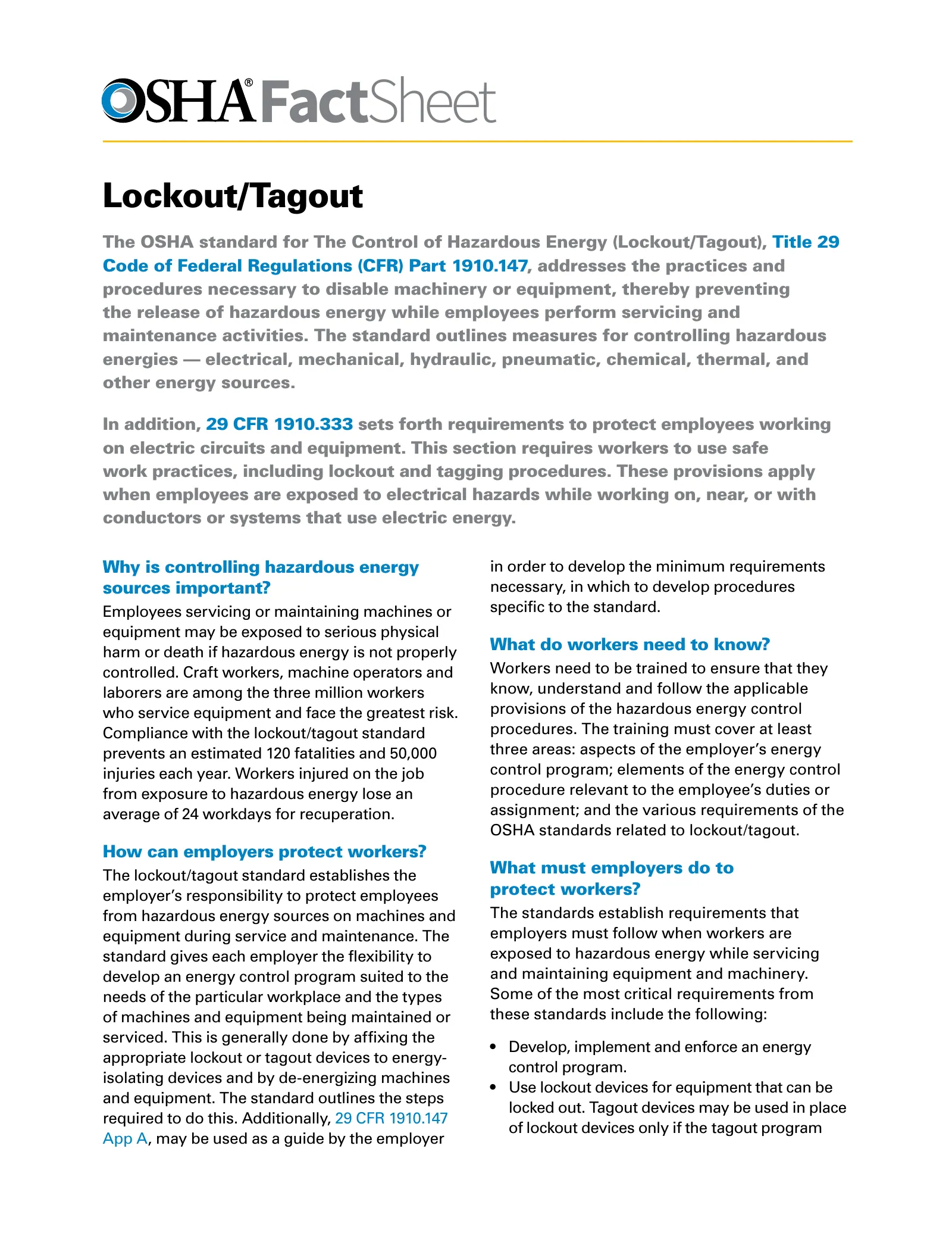 Lockout/Tagout Fact Sheet (OSHA FS 3529), page 1: FactSheet