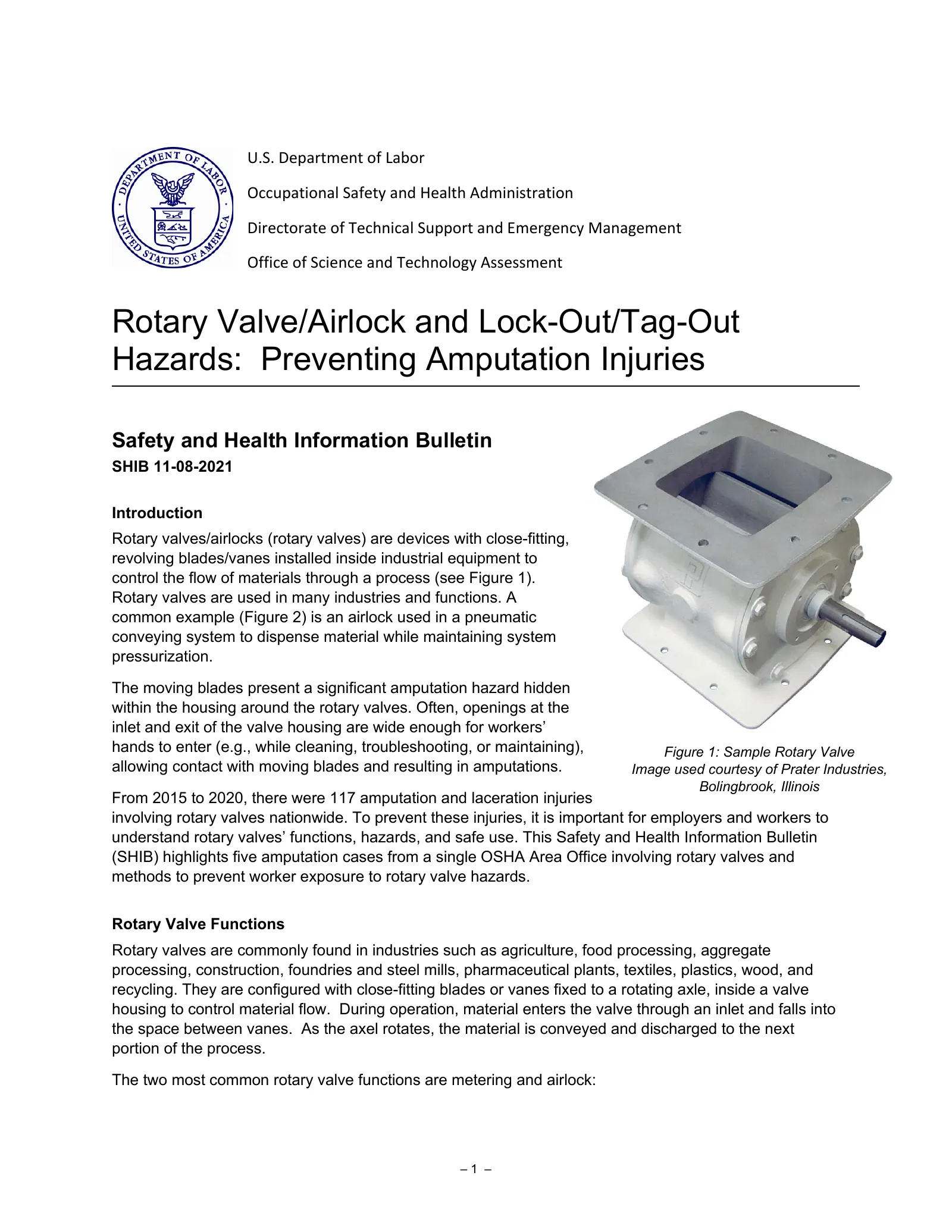 Rotary Valve/Airlock and Lock-Out/Tag-Out Hazards: Preventing Amputation Injuries (OSHA SHIB 11-08-2021), page 1: Rotary Valve/Airlock and Lock-Out/Tag-Out Hazards: Preventing Amputation Injuries