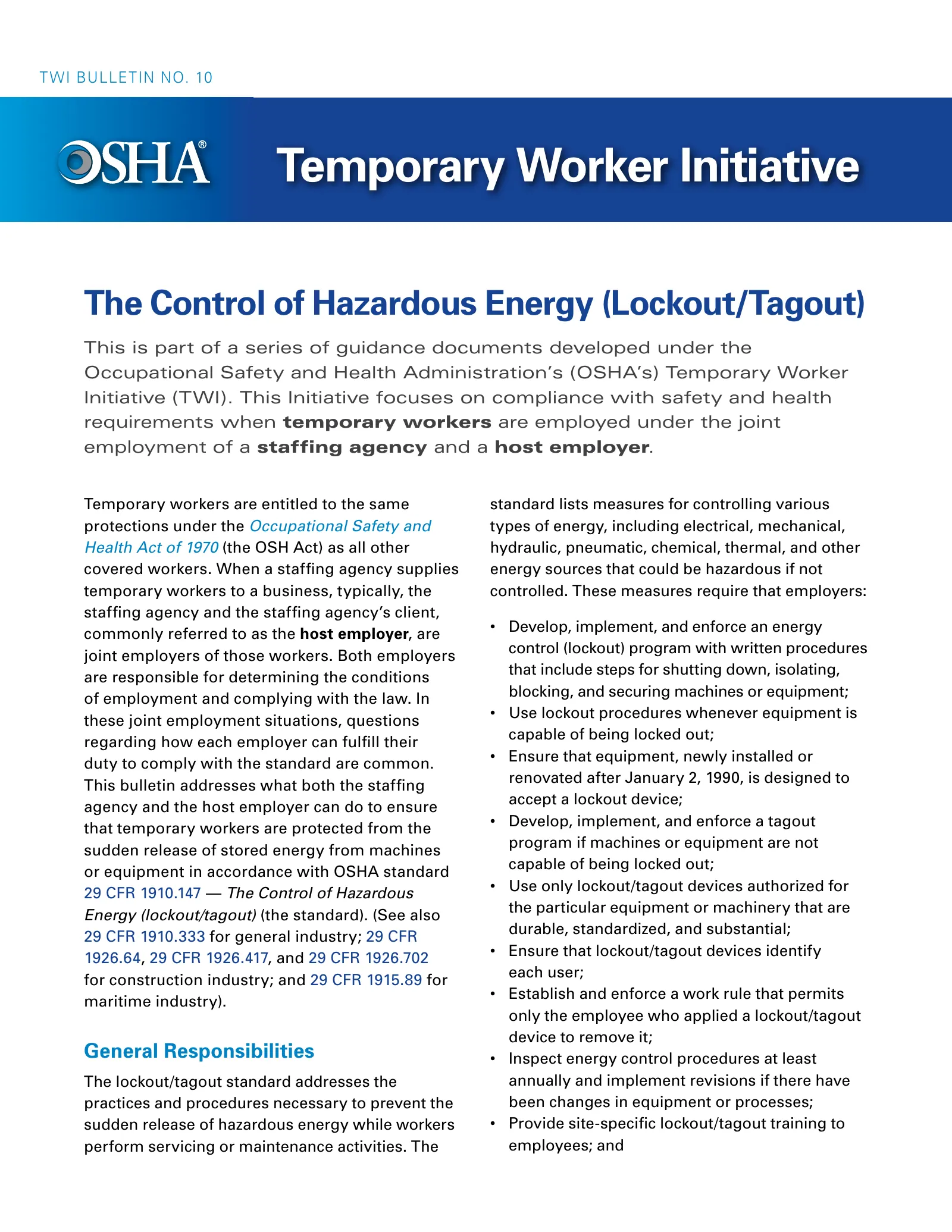 Temporary Worker Initiative (TWI) Bulletin No. 10 - The Control of Hazardous Energy (Lockout/Tagout) (OSHA 3964), page 1: Temporary Worker Initiative