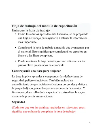 Page 2: Hoja de trabajo del módulo de capacitación Entregue la hoja de trabajo
