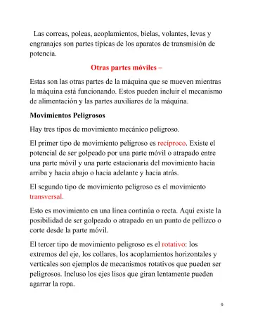 Page 9: Las correas, poleas, acoplamientos, bielas, volantes, levas y engranajes son partes…