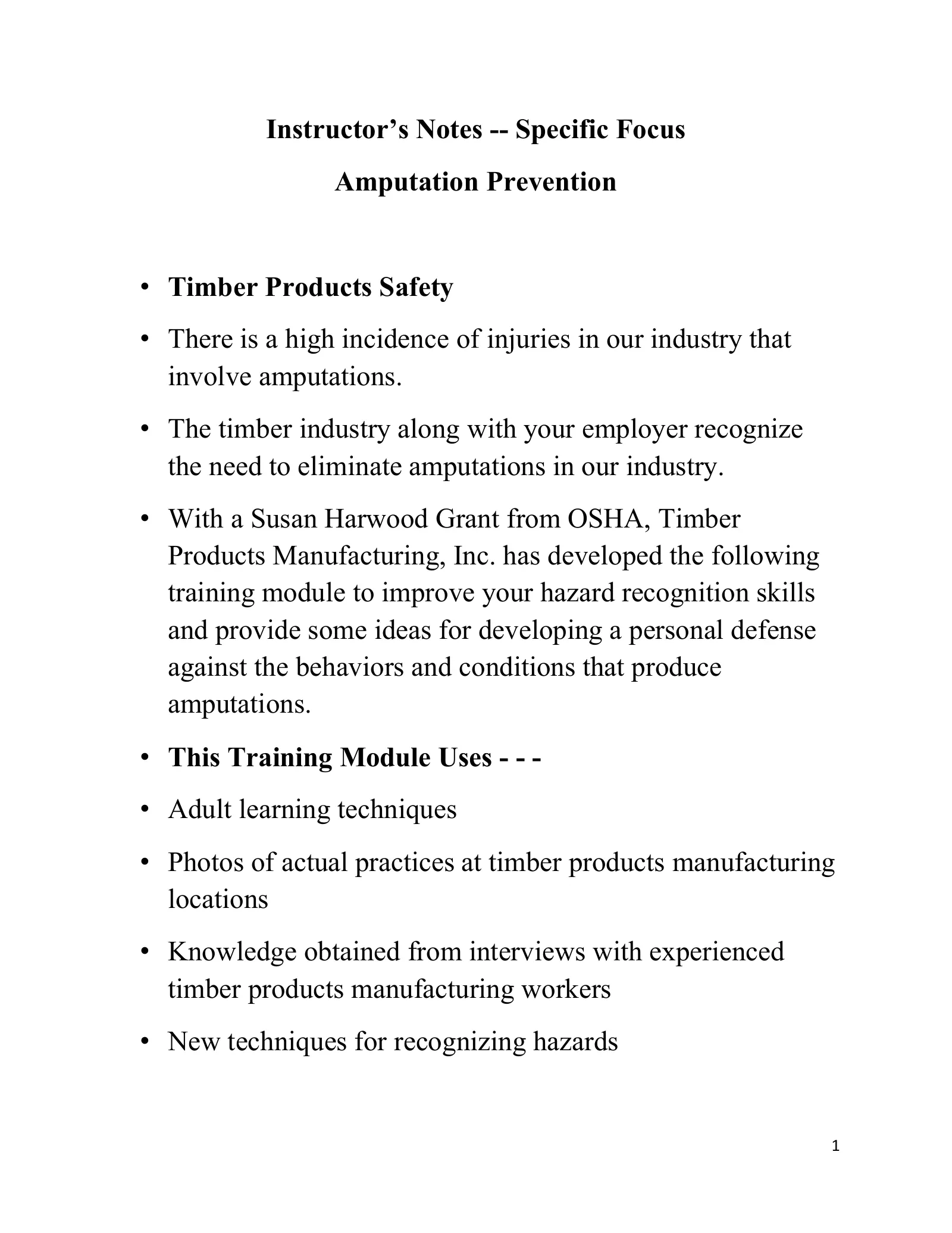 Amputation Prevention Instructor Notes, page 1: Instructor’s Notes -- Specific Focus