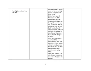Page 13: clamped so that it cannot move during the cutting process and potentially cause injury.