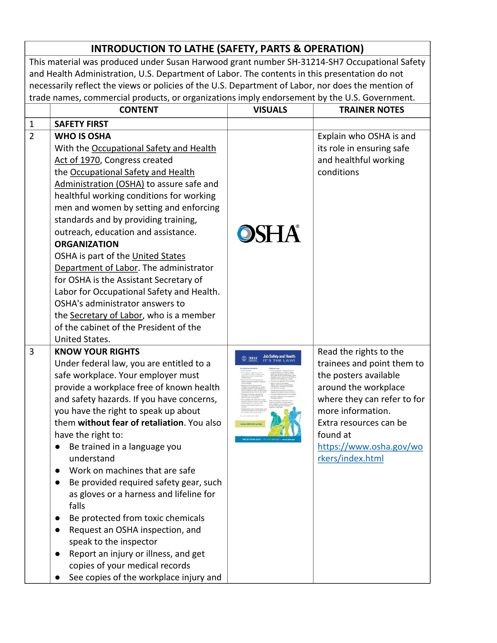 Machine Shop Safety: Lathe (Trainer Script), page 1: INTRODUCTION TO LATHE (SAFETY, PARTS & OPERATION)