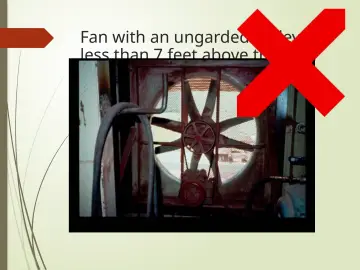 Slide 20: Fan with an ungarded pulley less than 7 feet above the floor