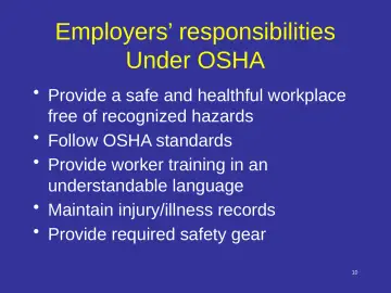 Slide 10: Employers’ responsibilities Under OSHA