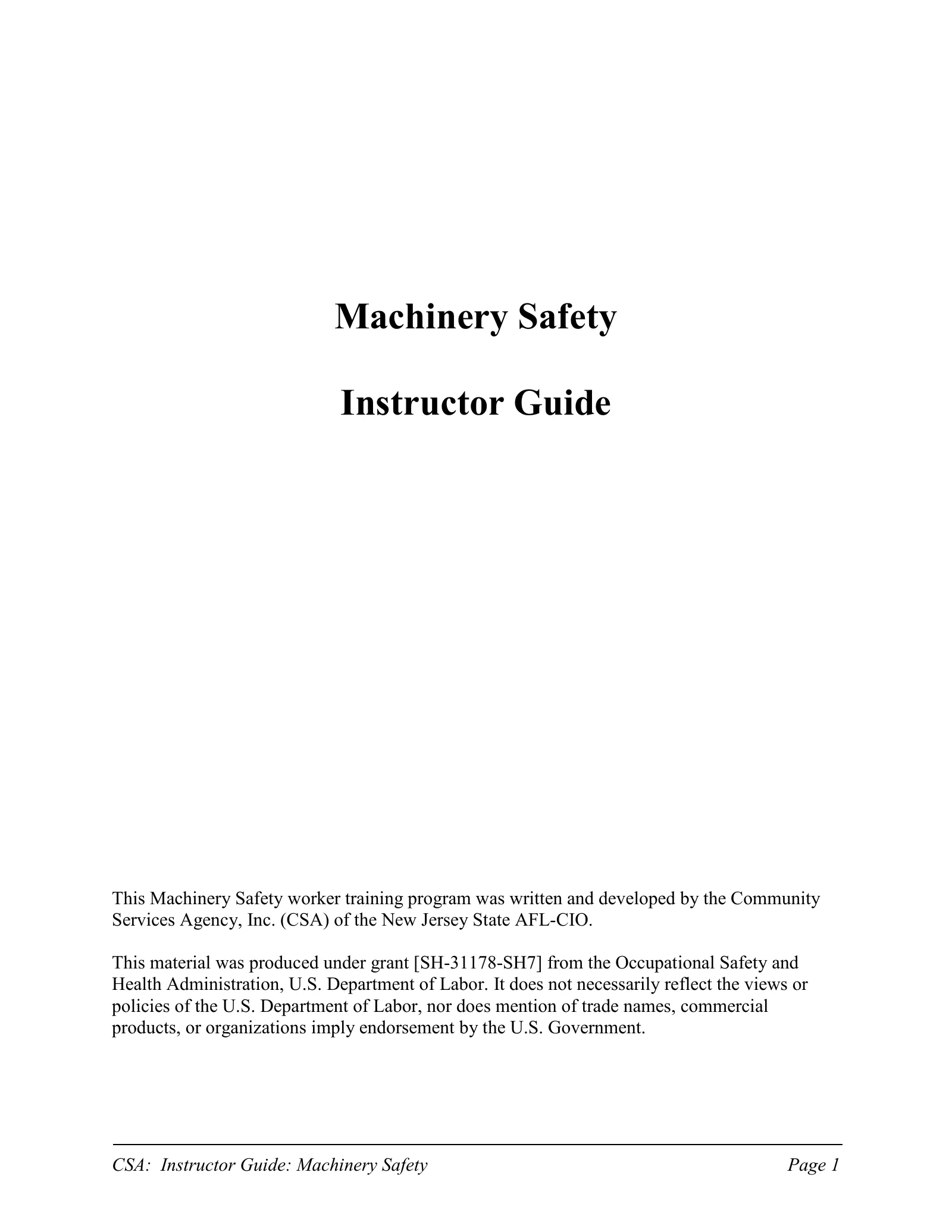 Machinery Safety Instructor Guide, page 1: Machinery Safety
