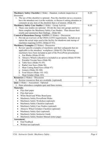 Page 4: Machinery Safety Checklist (1 Slide) – Handout, worksite inspection or discussion