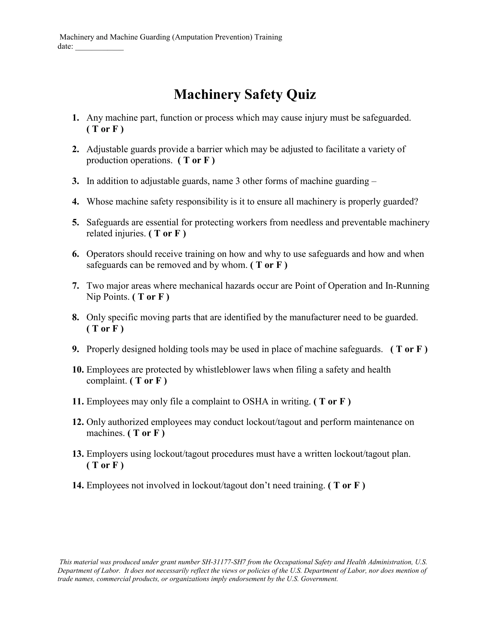 Machine Guarding for Warehouse and Maintenance Workers: Quiz, page 1: Machinery Safety Quiz