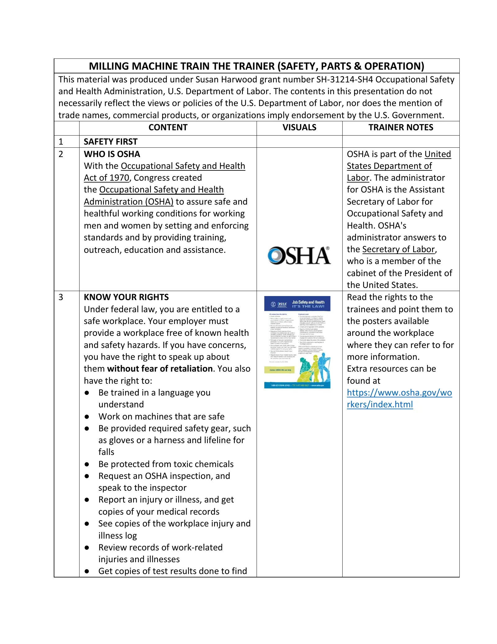 Machine Shop Safety: Mill (Trainer Script), page 1: MILLING MACHINE TRAIN THE TRAINER (SAFETY, PARTS & OPERATION)