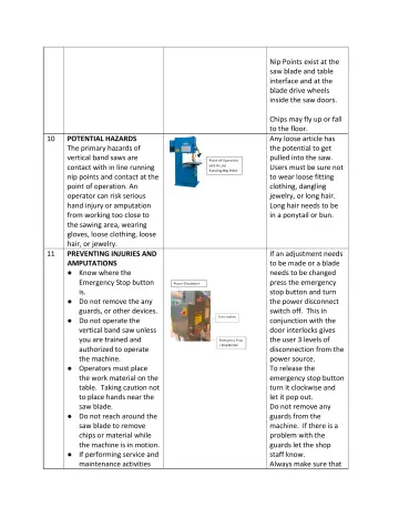Page 5: Nip Points exist at the saw blade and table interface and at the blade drive wheels inside…