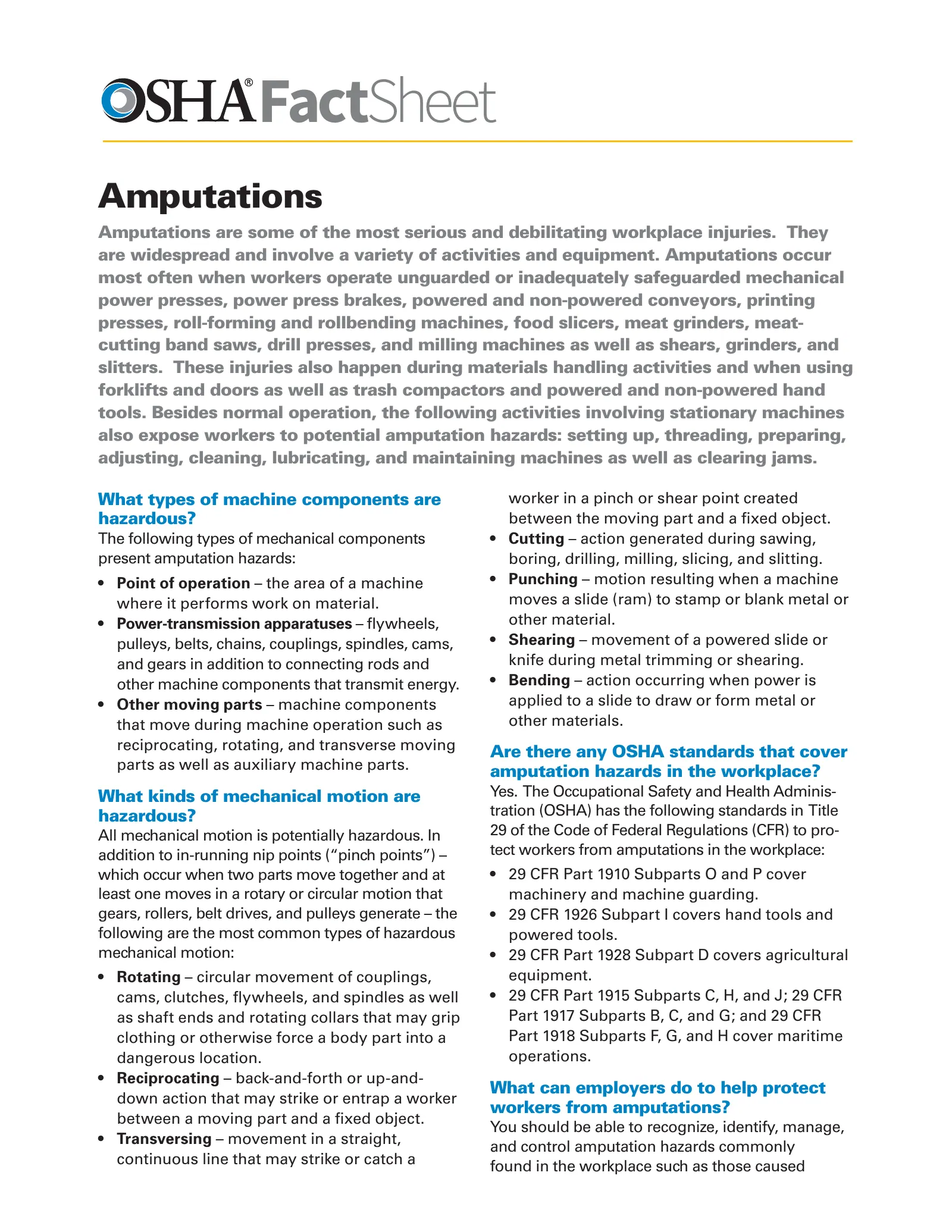 Amputations Fact Sheet (OSHA FS 3508), page 1: FactSheet