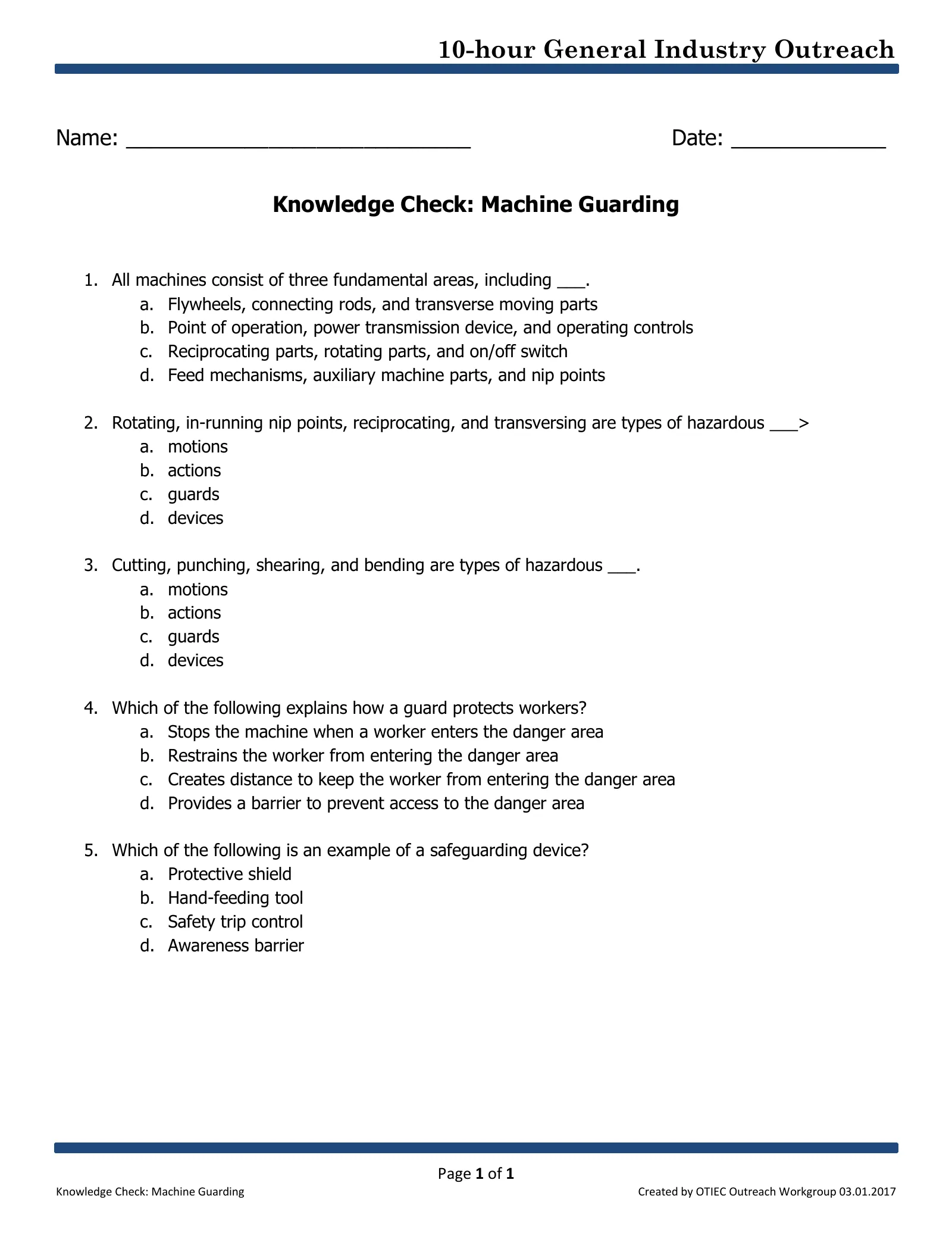 Machine Guarding: Knowledge Check (OSHA 10-Hour General Industry Outreach), page 1: 10-hour General Industry Outreach