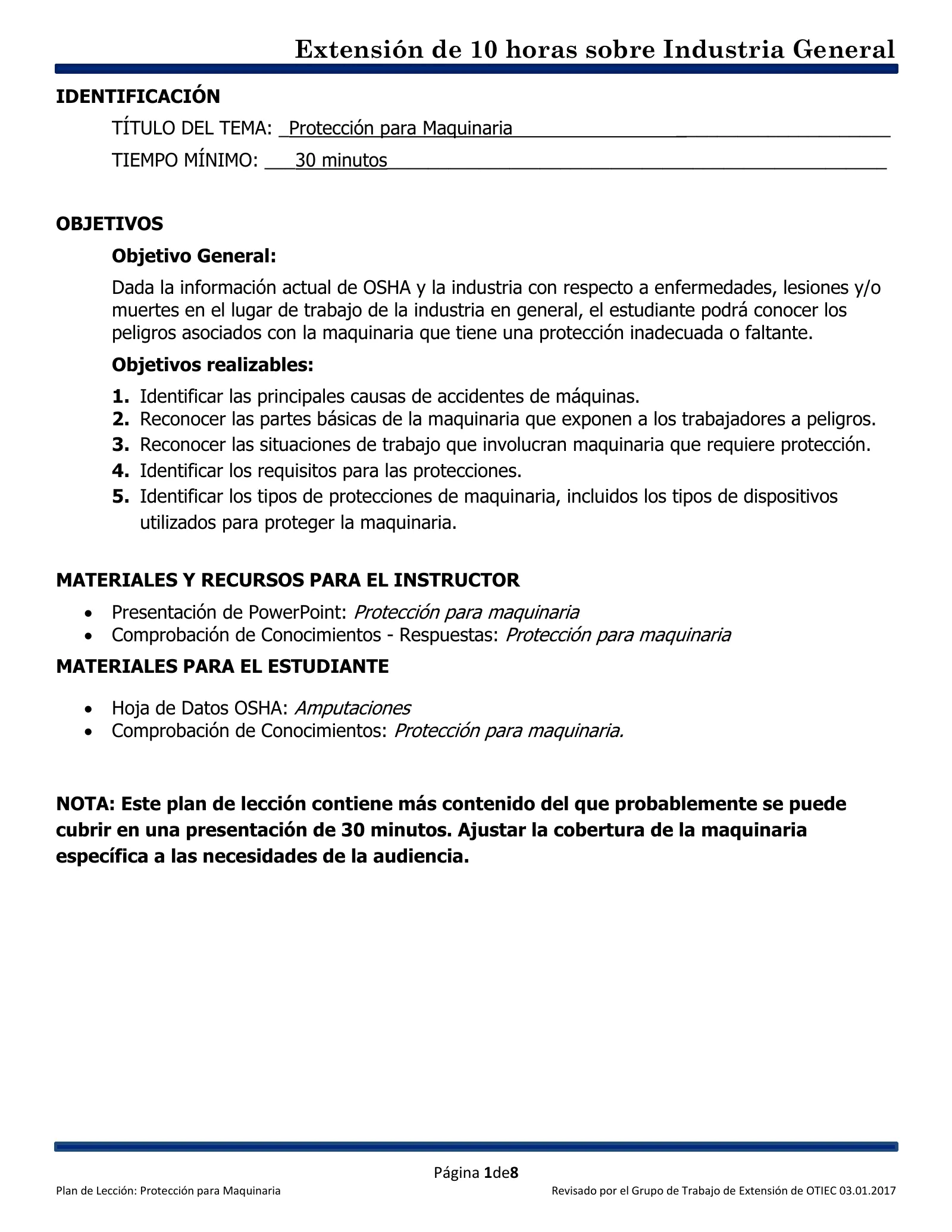 Protección de maquinaria: Plan de lección (Capacitación de Extensión de 10 horas de OSHA, Industria General), page 1: IDENTIFICACIÓN