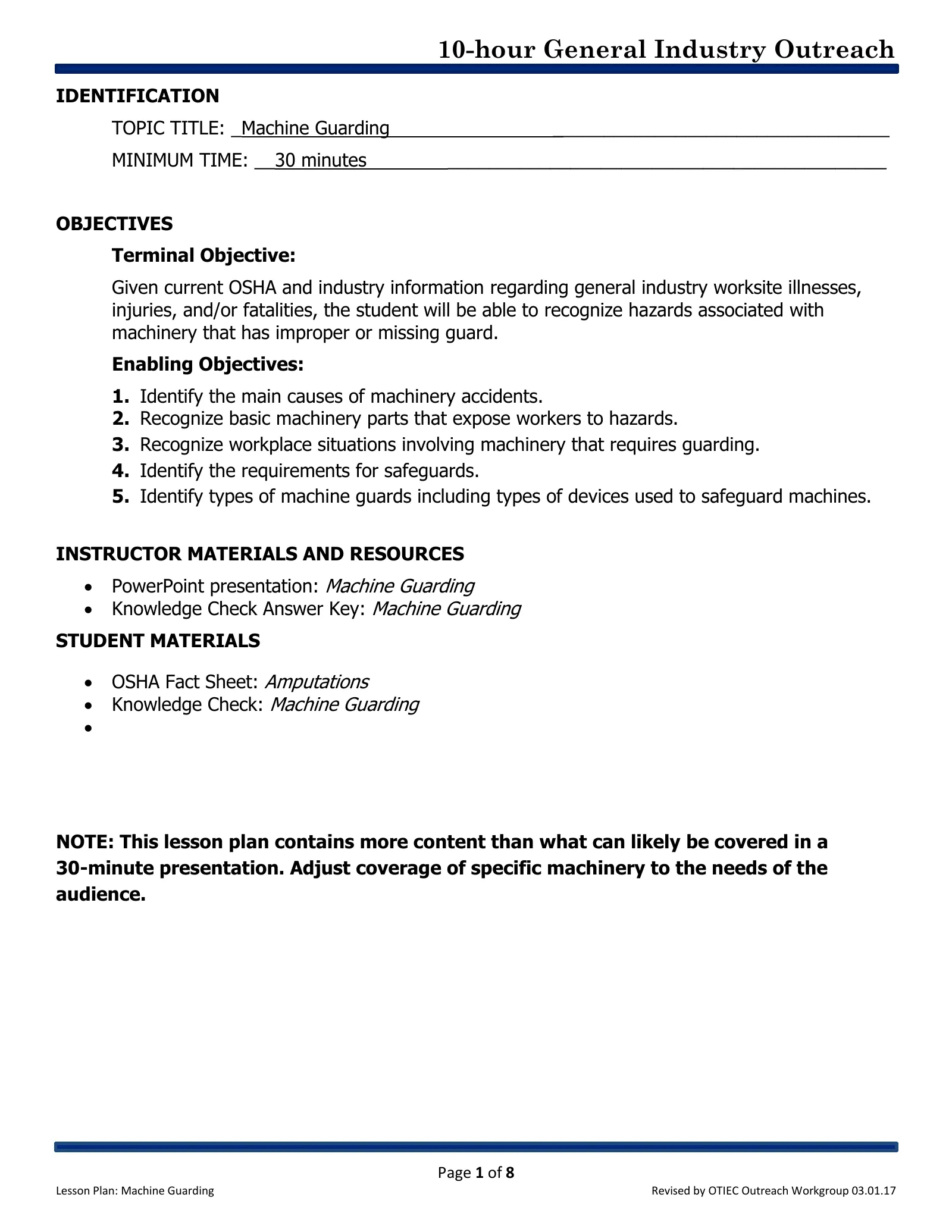 Machine Guarding: Lesson Plan (OSHA 10-Hour General Industry Outreach), page 1: IDENTIFICATION