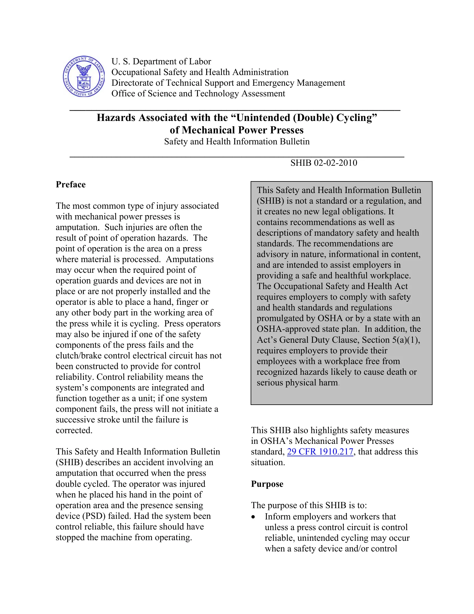 Hazards Associated with the "Unintended (Double) Cycling" of Mechanical Power Presses (OSHA SHIB 02-02-2010), page 1: Hazards Associated with the “Unintended (Double) Cycling” of Mechanical Power Presses