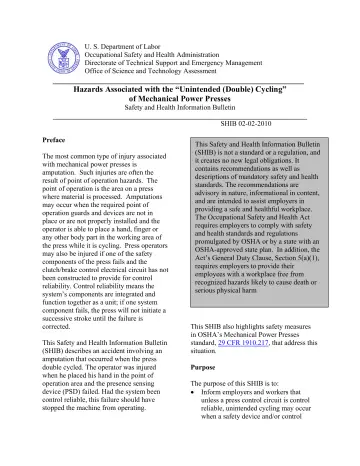 Page 1: Hazards Associated with the “Unintended (Double) Cycling” of Mechanical Power Presses