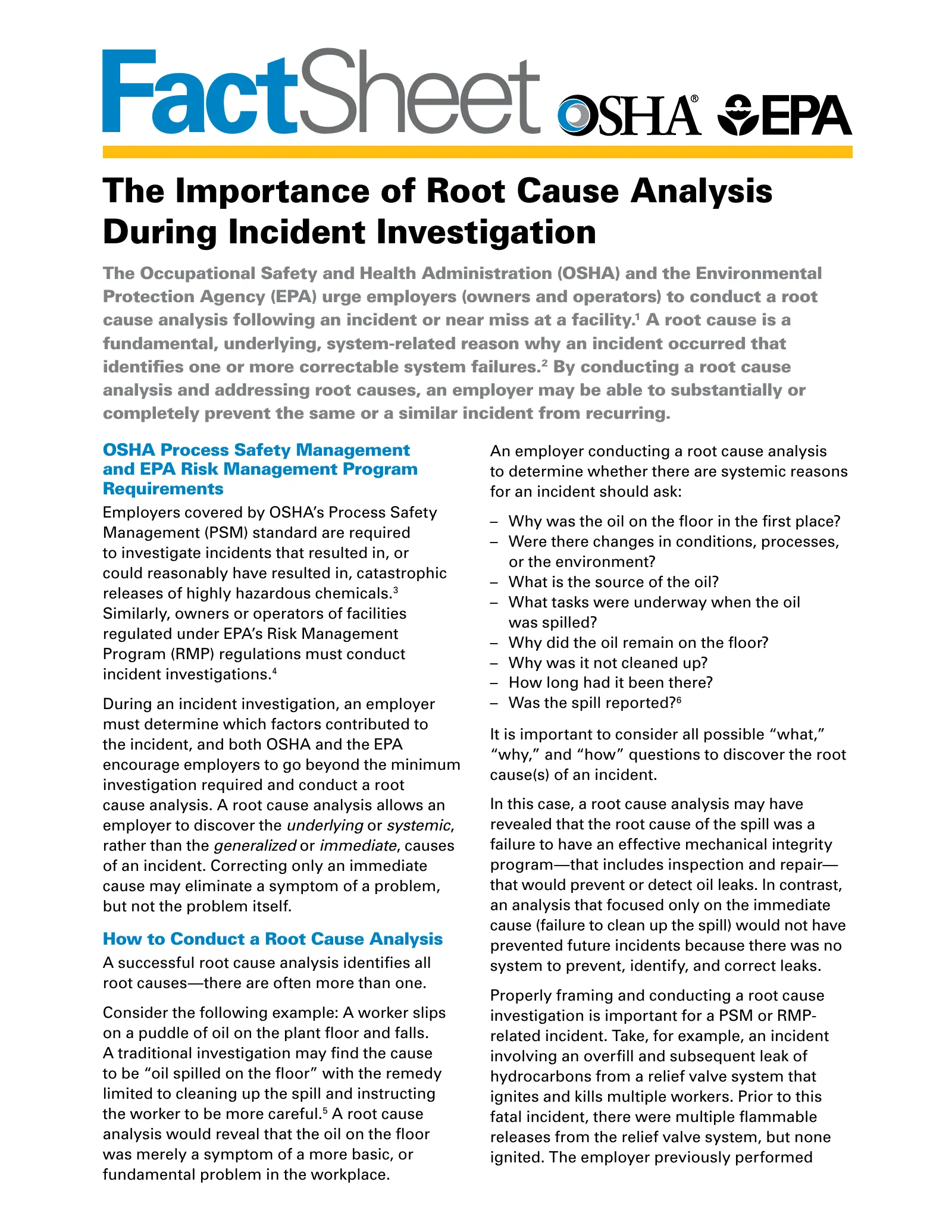 Root Cause: The Importance of Root Cause Analysis During Incident Investigation Fact Sheet (OSHA FS 3895), page 1: FactSheet