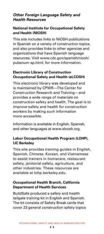 Page 38: Other Foreign Language Safety and Health Resources