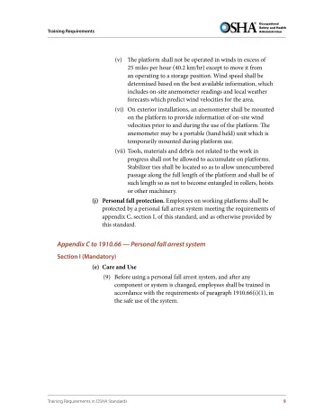Page 21: (v) The platform shall not be operated in winds in excess of 25 miles per hour (40.2…