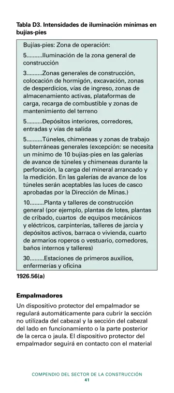 Page 43: Tabla D3. Intensidades de iluminación mínimas en bujías-pies