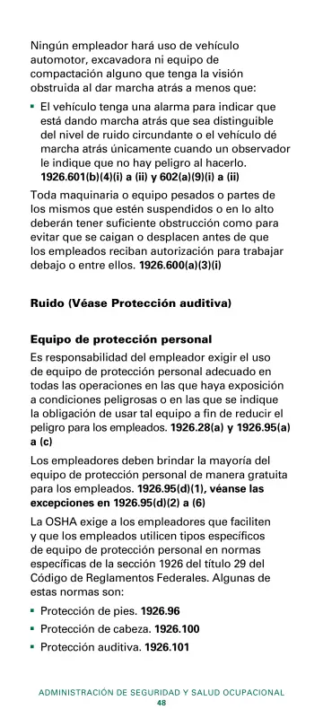 Page 50: Ningún empleador hará uso de vehículo automotor, excavadora ni equipo de compactación…