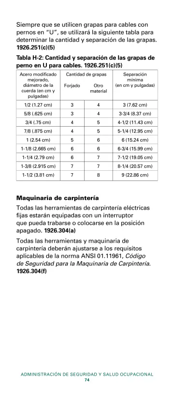 Page 76: Tabla H-2: Cantidad y separación de las grapas de perno en U para cables. 1926.251(c)(5)