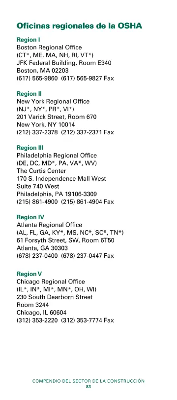 Page 85: Oficinas regionales de la OSHA