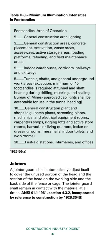 Page 39: Table D-3 – Minimum Illumination Intensities in Footcandles