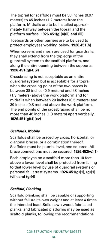 Page 57: The toprail for scaffolds must be 38 inches (0.97 meters) to 45 inches (1.2 meters) from…