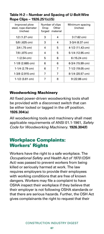 Page 69: Table H-2 – Number and Spacing of U-Bolt Wire Rope Clips – 1926.251(c)(5)