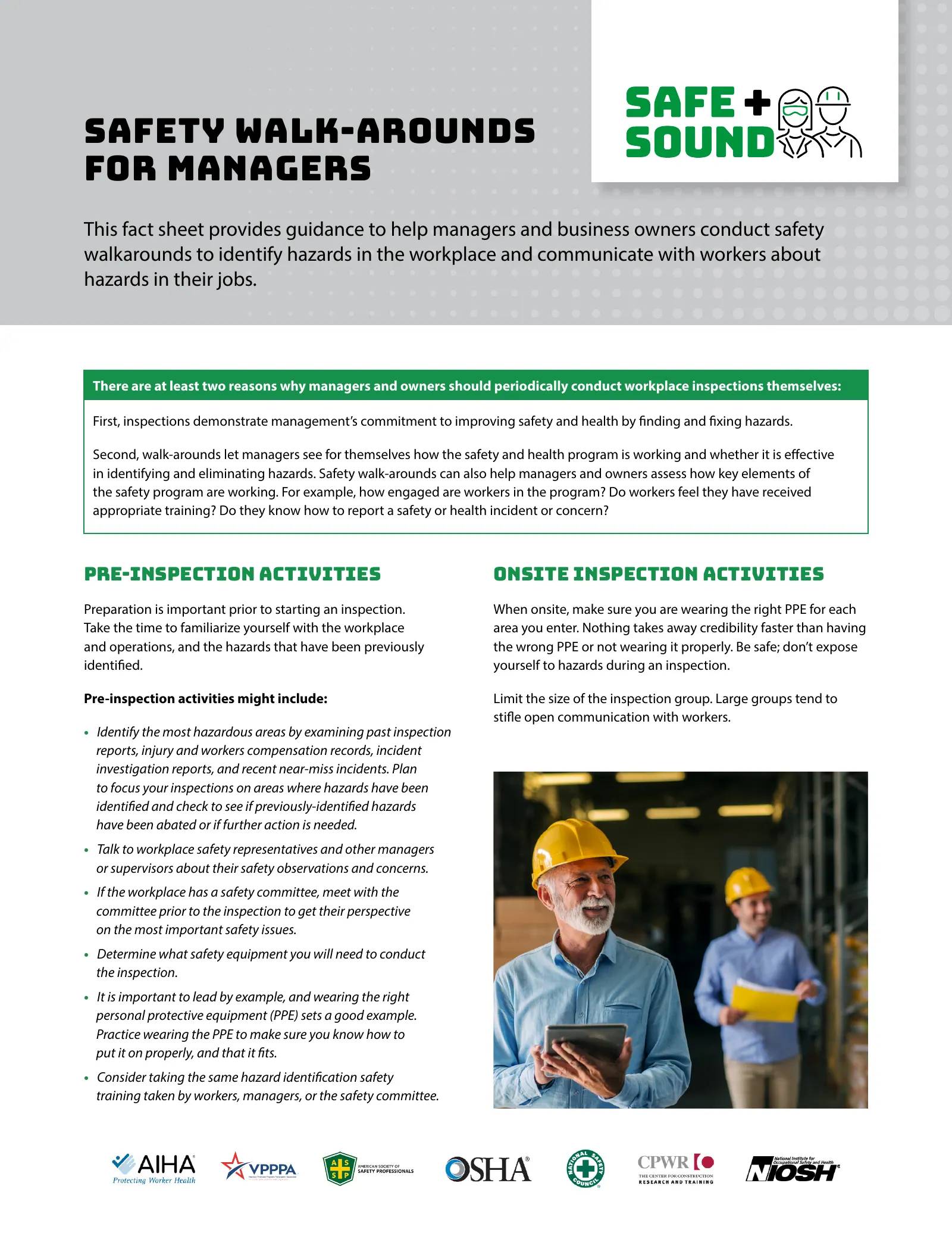 Safety Walk-Arounds for Managers (OSHA Fact Sheet), page 1: SAFETY WALK-AROUNDS FOR MANAGERS