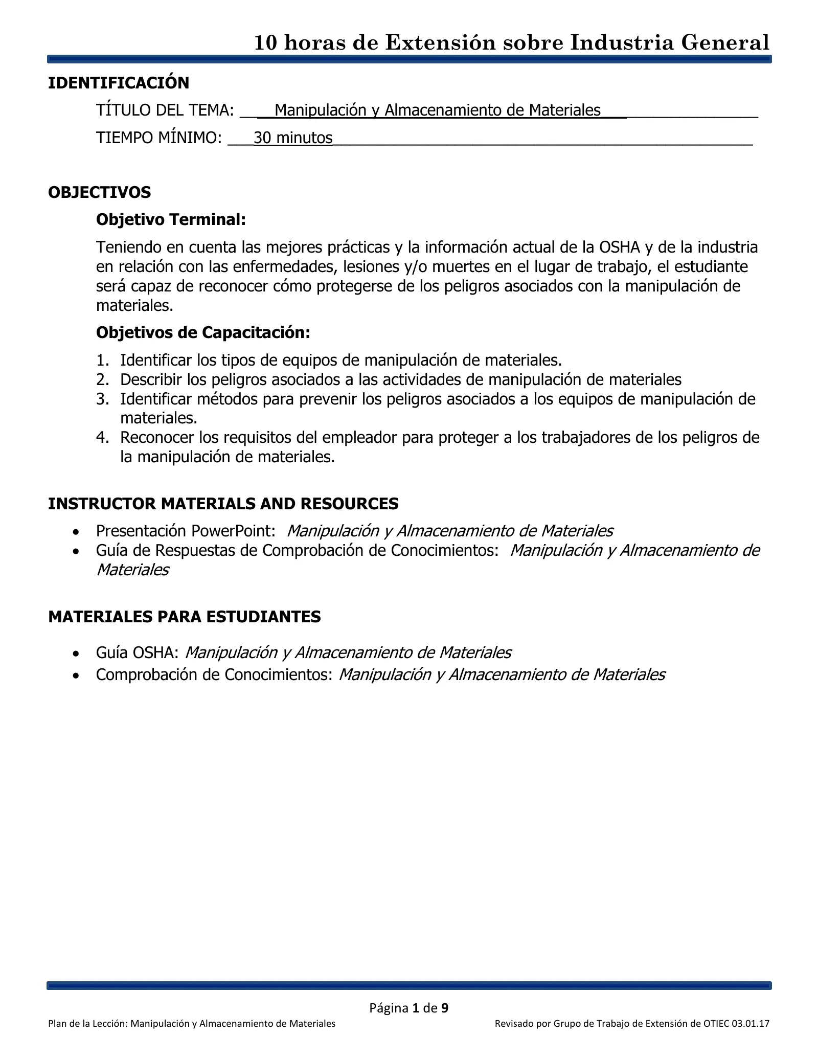 Manejo, almacenamiento, uso y eliminación de materiales: Plan de lección (Capacitación de Extensión de 10 horas de OSHA, Industria General), page 1: IDENTIFICACIÓN
