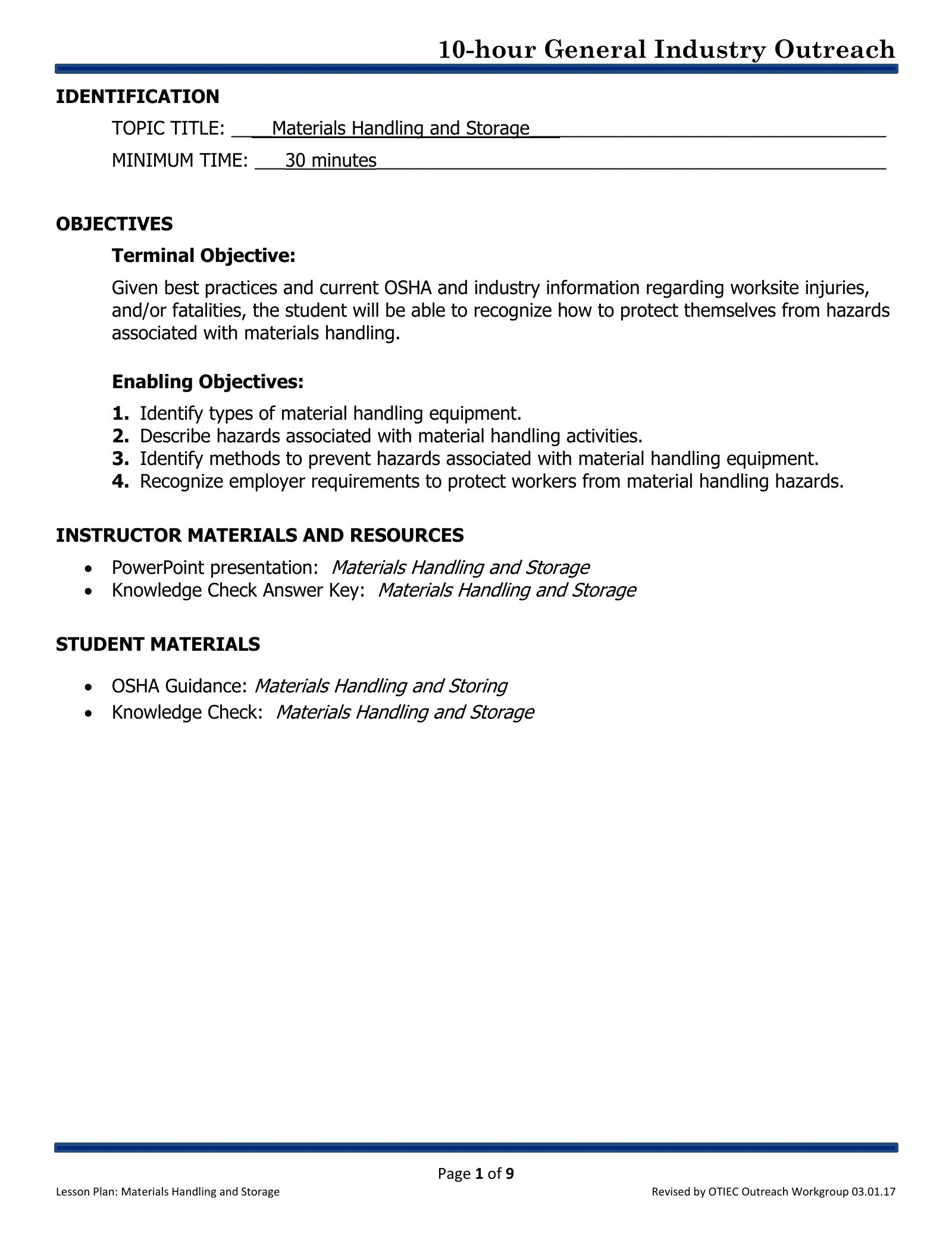 Materials Handling, Storage, Use, and Disposal: Lesson Plan (OSHA 10-Hour General Industry Outreach), page 1: IDENTIFICATION