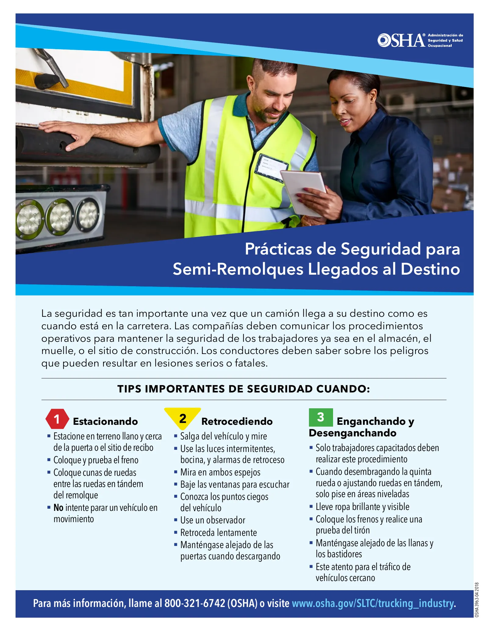 Safe Practices for Tractor Trailer Drivers (OSHA 3963) (en español), page 1: Prácticas de Seguridad para Semi‑Remolques Llegados al Destino
