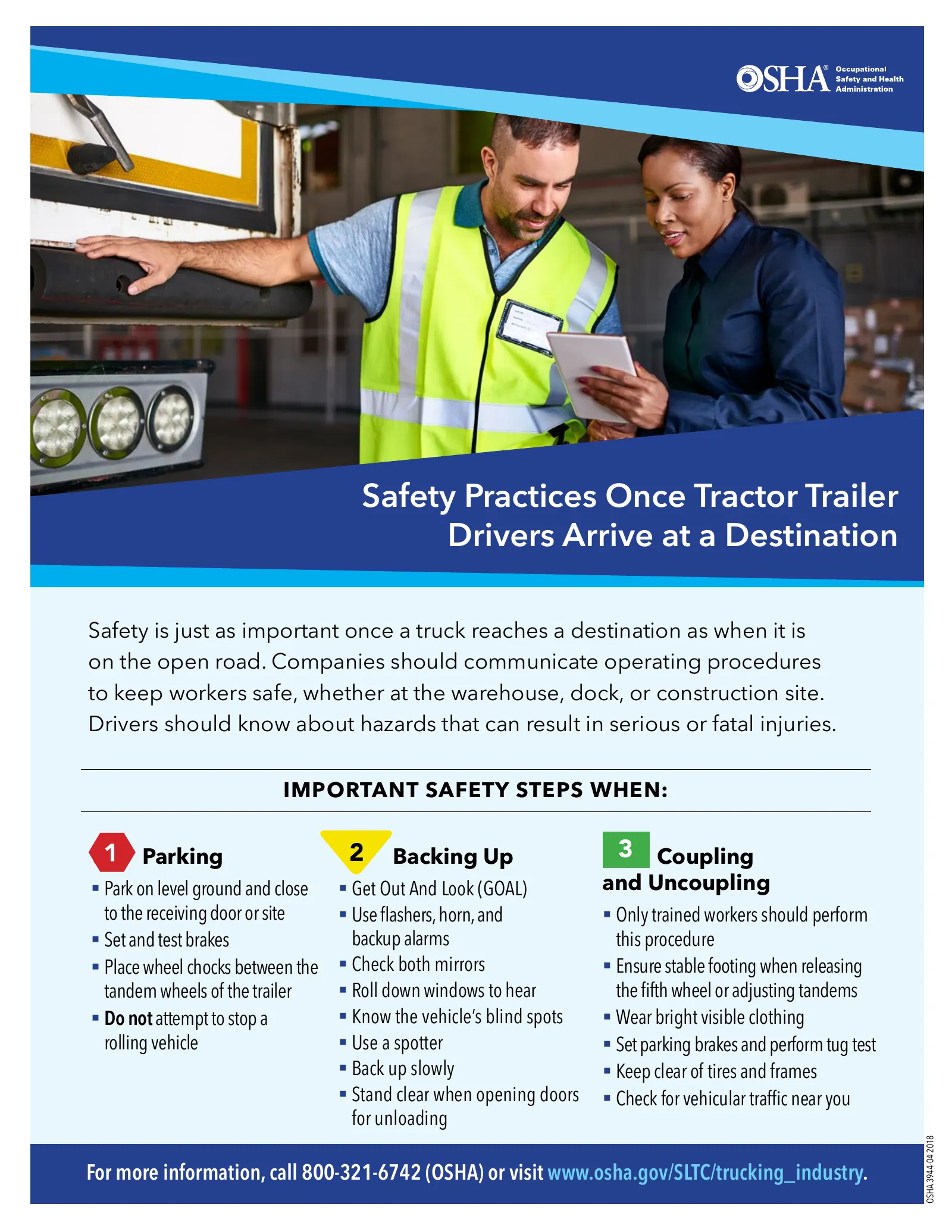Safe Practices for Tractor Trailer Drivers (OSHA 3944), page 1: Safety Practices Once Tractor Trailer Drivers Arrive at a Destination