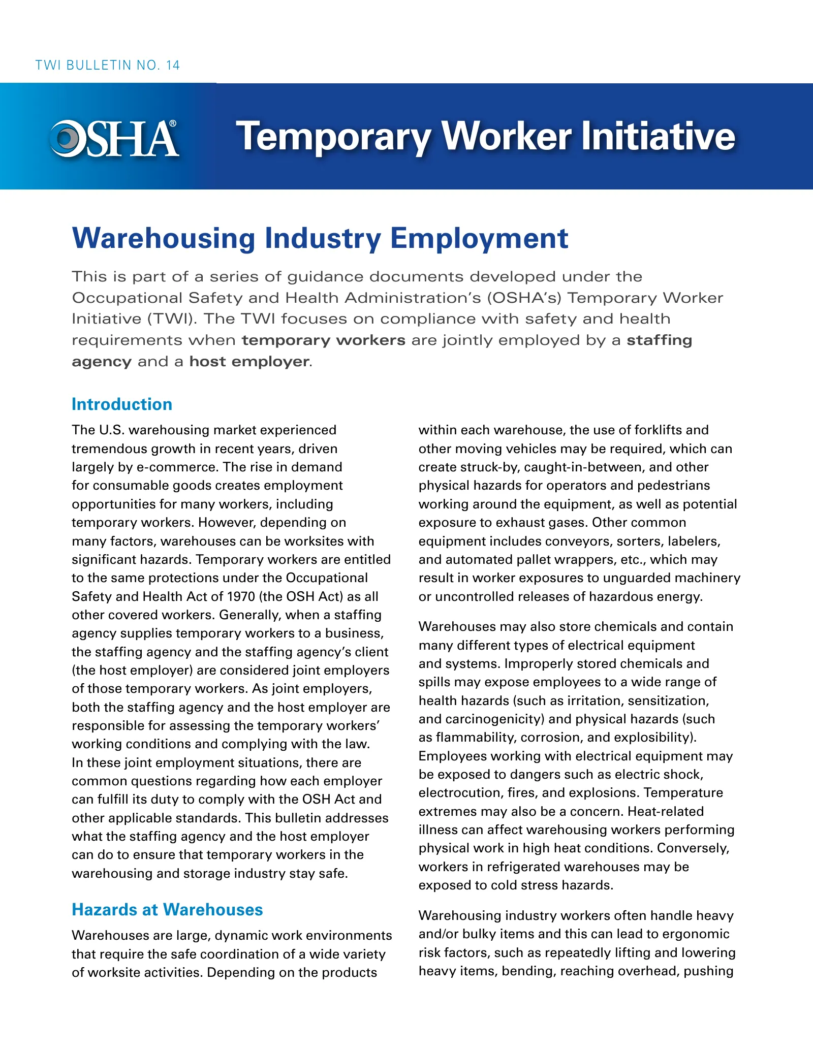 Temporary Worker Initiative (TWI) Bulletin No. 14 – Warehousing Industry Employment (OSHA 4384), page 1: Temporary Worker Initiative