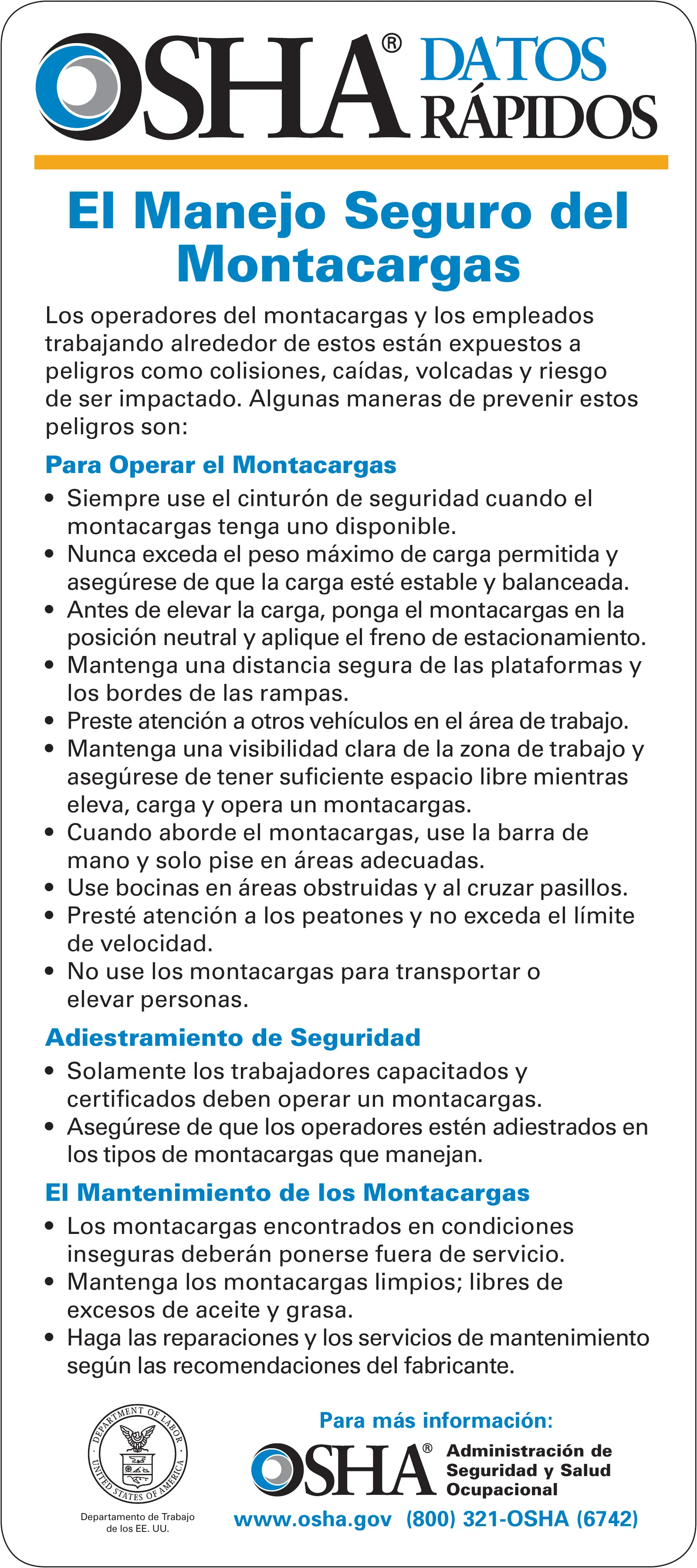 Tarjeta: Seguridad con montacargas (OSHA 3949), page 1: DATOS RÁPIDOS