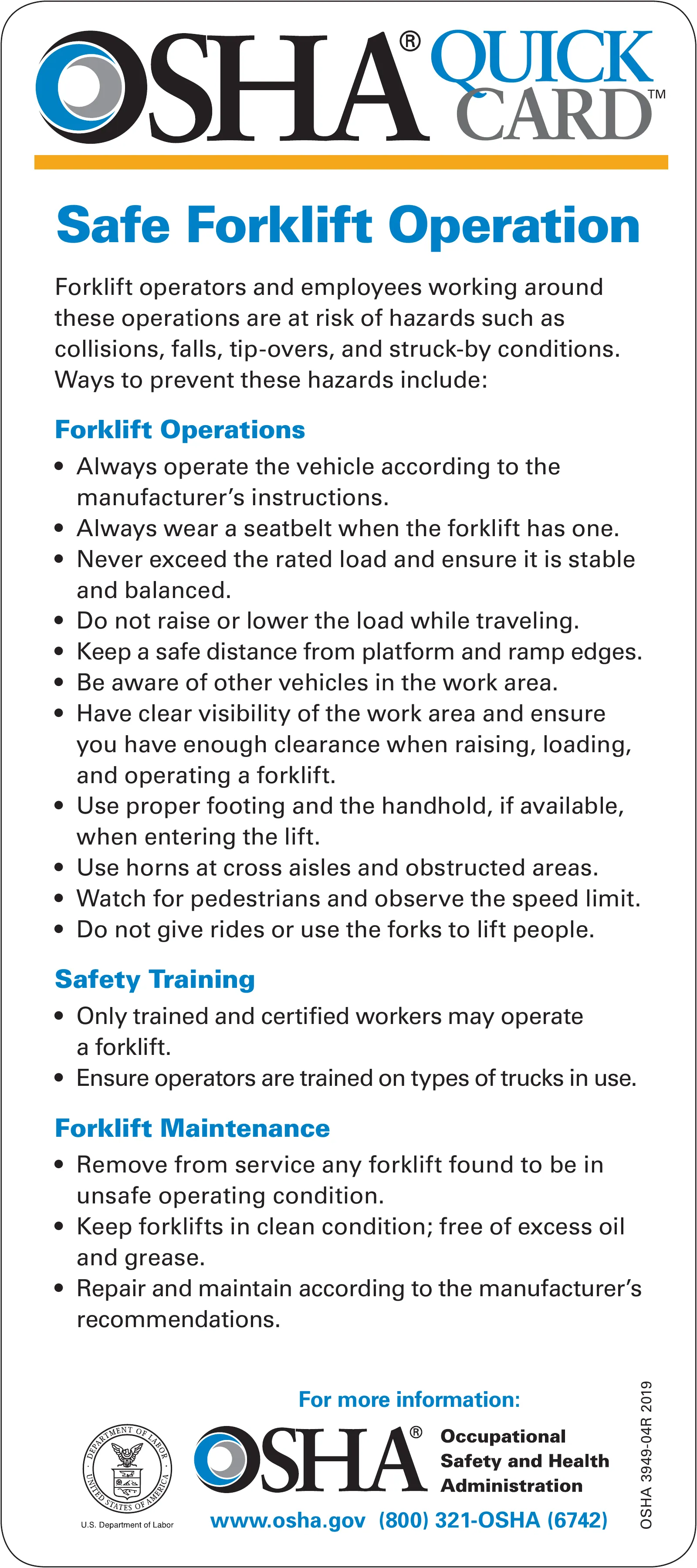 Forklift Safety QuickCard (OSHA 3949), page 1: QUICK CARD