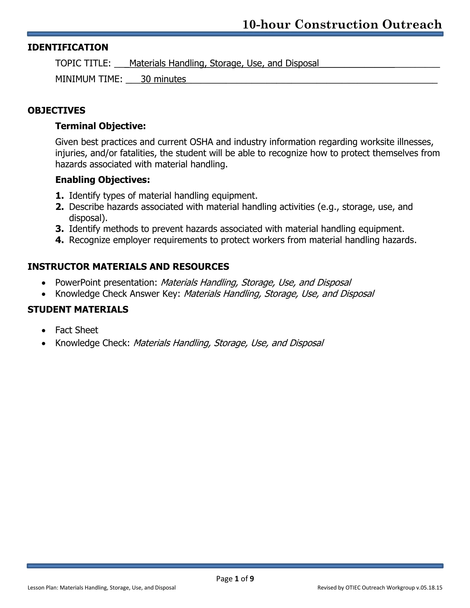 Materials Handling, Storage, Use, and Disposal: Lesson Plan (OSHA 10-Hour Construction Outreach), page 1: IDENTIFICATION